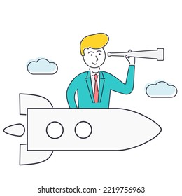 Vector illustration of a man flying on a rocket to achieve and goal. Success and leadership.
