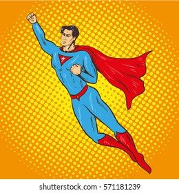 Vector illustration of man  flying up in retro pop art comic style. Superhero, savior of the world from injustice.