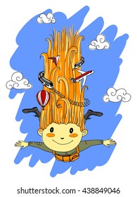 Vector illustration of a man in free fall with the travel and adventure dreams