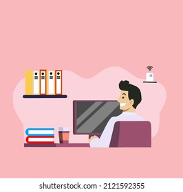 Vector illustration of a man in front of a computer
