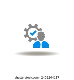 Vector illustration of man and gear with check mark. Icon of customer first. Symbol of employment.