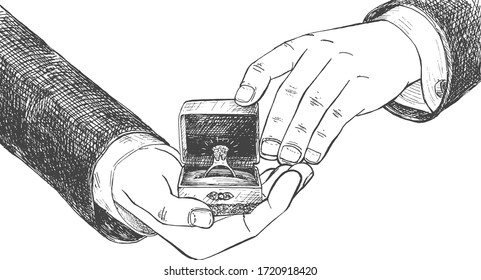 Vector illustration of a man gentleman hands showing to the viewer an engagement ring in a box. Marriage proposal moment. Vintage hand drawn engraving style.