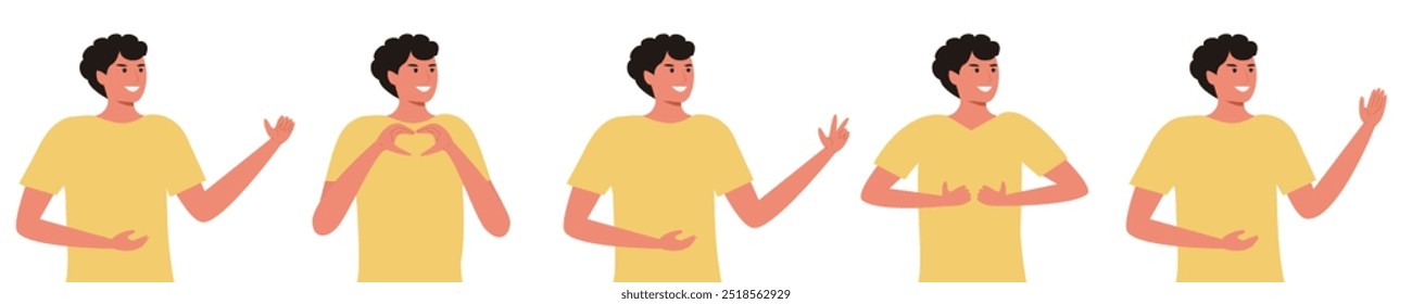 Vector illustration of a man gesturing in various ways, showing different emotions and body language expressions.