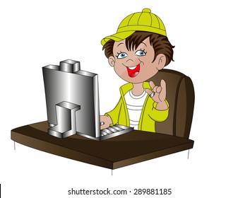 Vector illustration of a man gesturing while using computer at office.