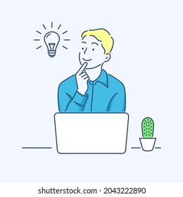 Vector illustration of man get inspiration in the front of laptop with happy smiling face and bulb icon in the air. 