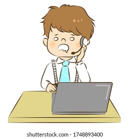 Vector illustration of a man getting bored in a call center