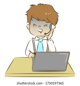 
Vector illustration of a man getting bored in a call center