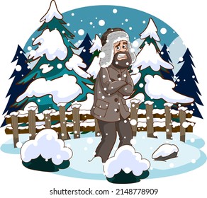 Vector illustration of man getting cold in snowy weather. Man walking in the freezing cold of winter.