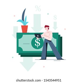 Vector illustration of a man getting a personal loan. Concept of lending. Person borrow money from bank.