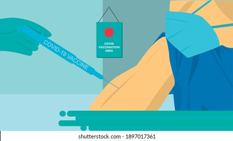 vector illustration of a man getting vaccine against covid-19. doctor injecting the vaccine in the arm. at background, an information board