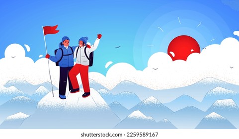 Imagen vectorial de un hombre y una niña que escalaron a la cima de la montaña. La gente se pone de pie con una bandera en una montaña cubierta de nieve. El paisaje invernal al fondo del amanecer. Entretenimiento de invierno