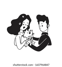 Vector illustration of a man gives a woman a gift. The young woman was presented with a cat. couple in love