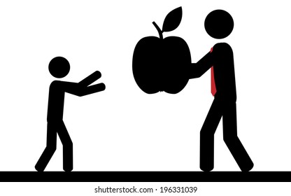 Vector / illustration. A man is giving a apple to a child.