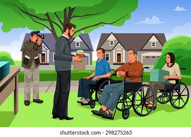 A vector illustration of man giving donation to the disable people in an event