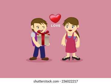 Vector illustration of a man giving a gift to a woman with heart shape between them 