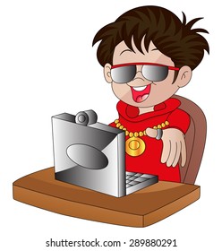 Ilustración vectorial de un hombre que da pulgares hacia arriba mientras usa una computadora en la oficina.