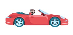Illustration Vectorielle D'homme En Lunettes Conduisant Une Voiture Rouge Cabriolet Sur Fond Blanc Isolé