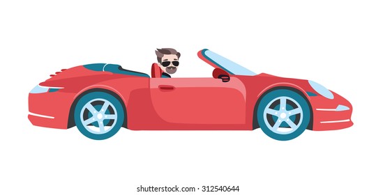 Vector illustration of man in glasses driving red cabriolet car on white isolated background