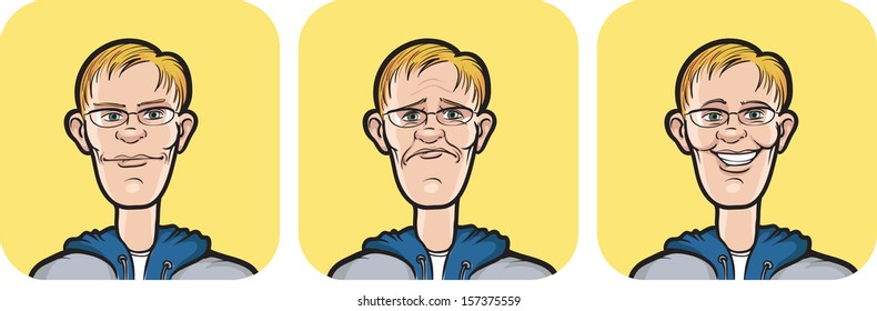 Vector illustration of man in glasses face three expressions