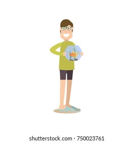 Vector illustration of man in glasses holding aquarium with goldfish. Pet owner and his exotic fish flat style design element, icon isolated on white background.