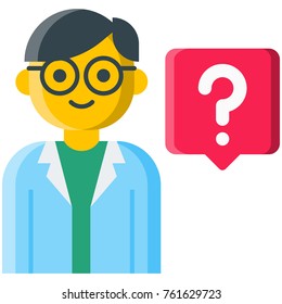 Vector illustration of a man with glasses in a lab coat and a question mark next to him. Ask a doctor, specialist, or expert for advice and opinion flat icon. Isolated on white background.