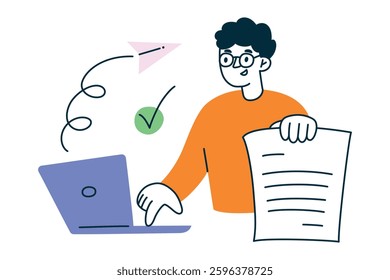 Vector illustration of man in glasses sending email on laptop, send letter icon and check mark, completion concept. Modern flat cartoon office worker character, businessman with computer