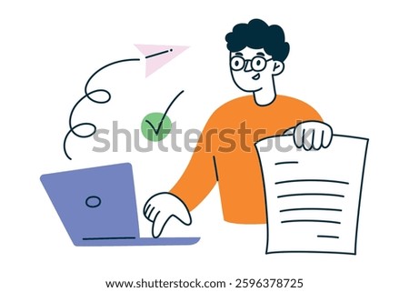 Vector illustration of man in glasses sending email on laptop, send letter icon and check mark, completion concept. Modern flat cartoon office worker character, businessman with computer
