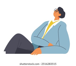 Vector illustration of a man in glasses, sitting and relaxing, isolated on a white background.