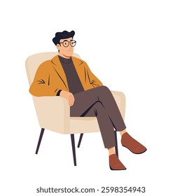 Vector illustration of Man in glasses sitting in chair isolated on white background. psychologist at session