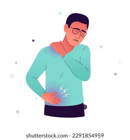 Vector illustration of a man with glasses who has pains in different parts of his body. The person experiences unusual muscle pain. Symptoms of muscle fatigue, stress, myalgia, cancer.