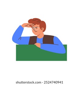 Ilustración vectorial de un hombre con gafas, que se lleva la mano a la frente y observa a alguien. El personaje está mirando mientras se apoya en una forma rectangular verde. Estilo plano. Fondo aislado.