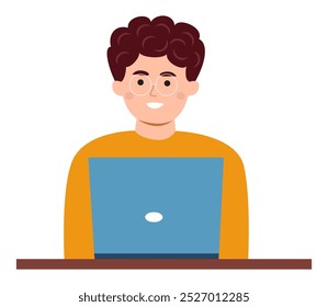 Ilustração vetorial de um homem com óculos trabalhando em um laptop, perfeito para temas de negócios, freelance ou educacionais.