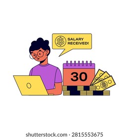 Vector illustration of a man with glasses working on a laptop near a calendar showing date 30, cash stacks, and a 