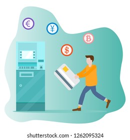 Vector illustration with man goes to ATM with a bank card. Personal finance management. Design for banner, poster or print.