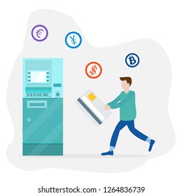 Vector illustration with man goes to ATM with a bank card. Personal finance management. Design for banner, poster or print.