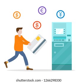 Vector illustration with man goes to ATM with a bank card. Personal finance management. Design for banner, poster or print.