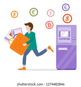 Vector illustration with man goes from ATM or automatic teller machine with a wallet, bank card, banknote, coin. Personal finance management. Design for banner, poster or print.