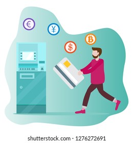 Vector illustration with man goes to ATM with a bank card. Personal finance management. Design for banner, poster or print.