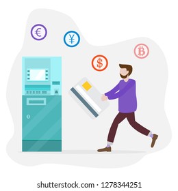 Vector illustration with man goes to ATM with a bank card. Personal finance management. Design for banner, poster or print.