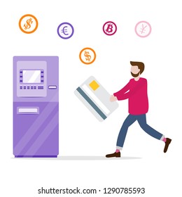 Vector illustration with man goes to ATM with a bank card. Personal finance management. Design for banner, poster or print.