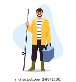 Vector illustration of a man going fishing. Cartoon scene of joyful bearded man holding fishing rod, fishing container, wearing rubber yellow raincoat, striped t-shirt, dark pants, rubber boots.
