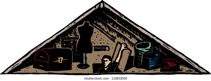 Vector illustration of man going into home attic