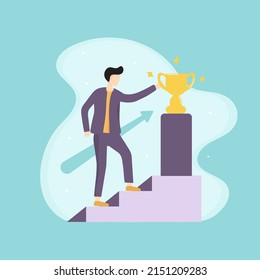 vector illustration man going up the stairs to pick up the trophy of success. Success. Action. target.