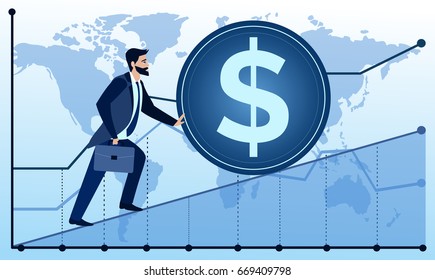 Vector illustration of man is going to succeed on world map and graph background. Businessman is trying to push up a coin. Business concept illustration in flat cartoon style.