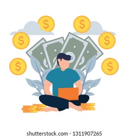 vector illustration Man got money from Internet flat cartoon style