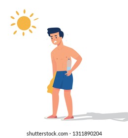 ilustrador vectorial el hombre se quemó el sol en días de verano muy calurosos, el hombre exhausto y quemado el sol, el hombre se quitó su pantalones porque el aire era muy caliente