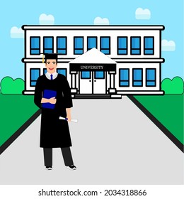 vector illustration man graduation in front of the university building 