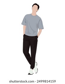 Vector illustration of a man in a gray and blue t-shirt and black pants. A comfortable and casual look for every day.
