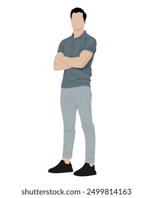 Vector illustration of a man in a gray and blue t-shirt and light sweatpants. Modern sports image