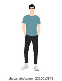 Ilustración vectorial de un hombre con una camiseta gris y azul y pantalones negros. Un look cómodo y casual para todos los días.